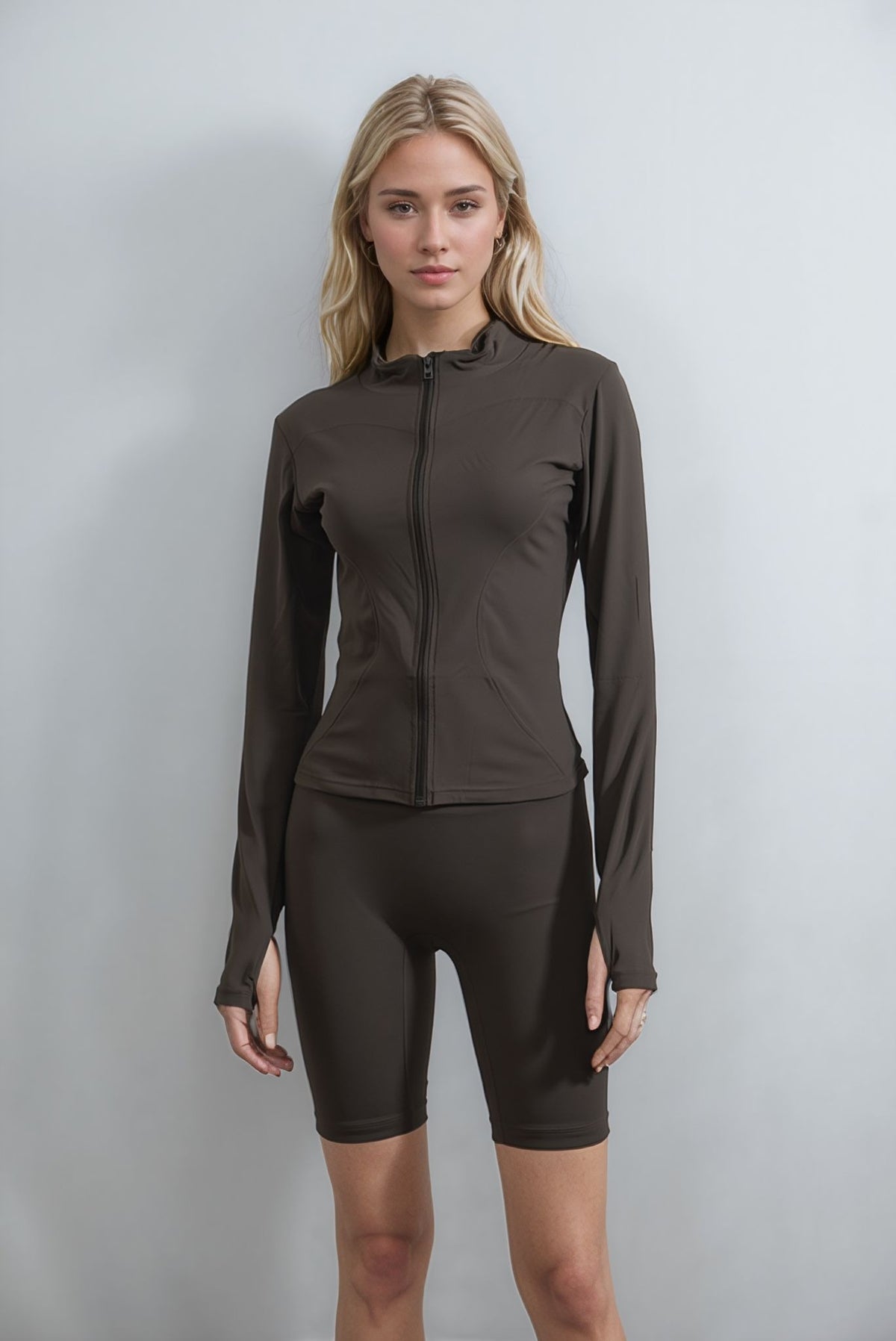 Chocolate Brown Zip Up Jacket & Shorts Contour Sculpt Gym Set