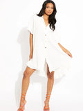 Cream Crinkle Pleated Gold Button Frill Plisse Shirt Dress
