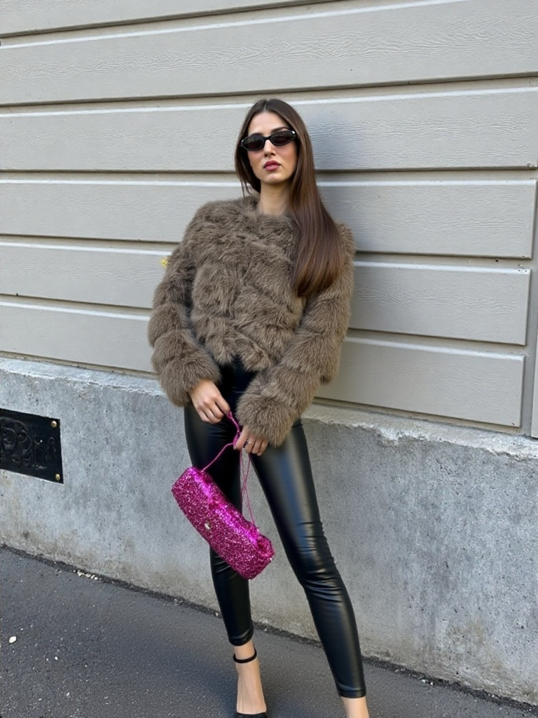 Dark Beige Thick Faux Fur Paneled Layered Jacket