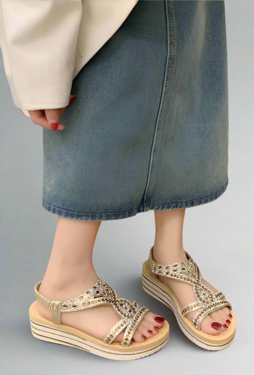 Gold Embellished Wedge Elegant Summer Platform Sandals