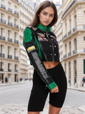 Green Colour Block Racing Badge Vintage Leather Biker Cropped Jacket