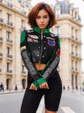 Green Colour Block Racing Badge Vintage Leather Biker Cropped Jacket