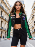 Green Colour Block Racing Badge Vintage Leather Biker Cropped Jacket