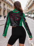 Green Colour Block Racing Badge Vintage Leather Biker Cropped Jacket