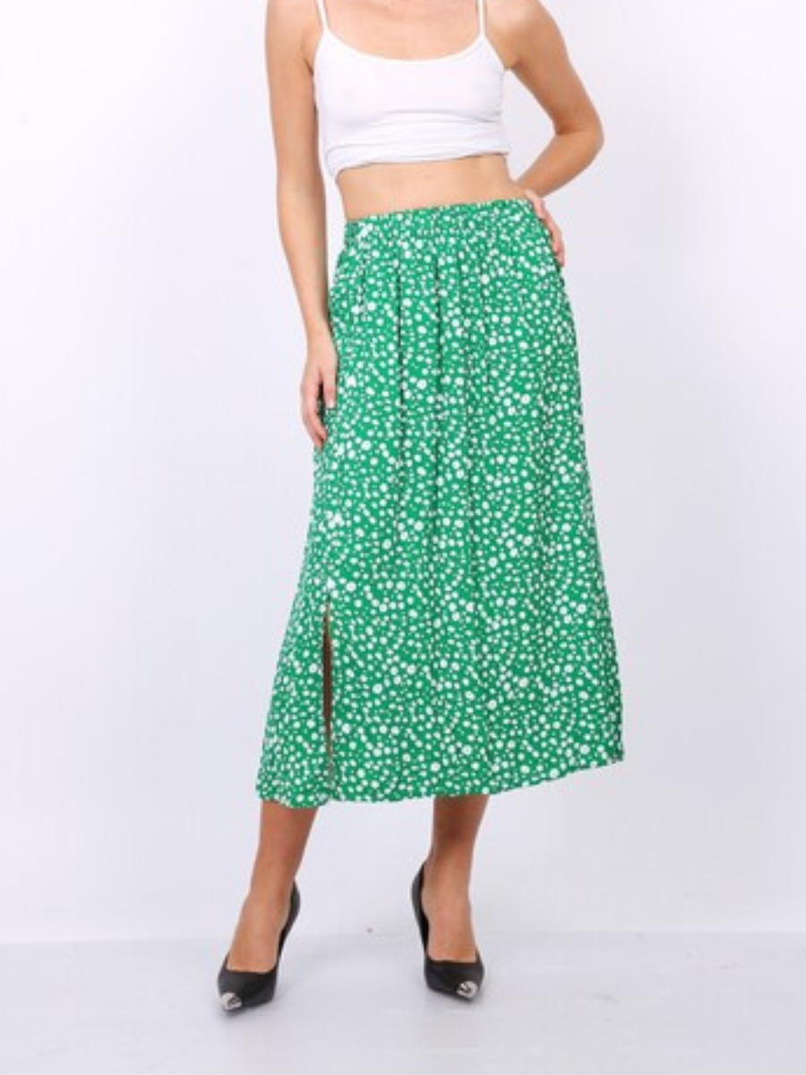 Green Floral Print Side Slit Midi Skirt