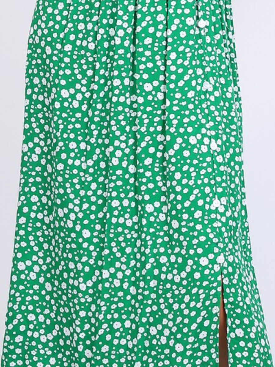 Green Floral Print Side Slit Midi Skirt