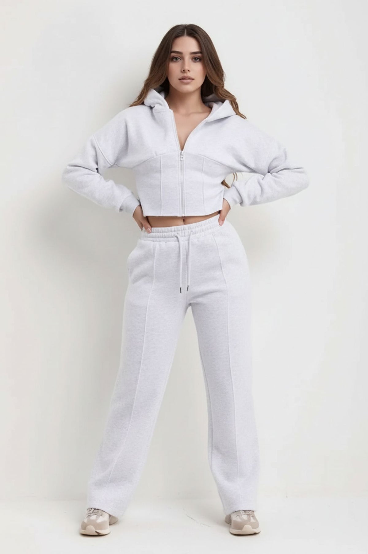 Grey Corset Cropped Zip-Up Hoodie & Wide Leg Joggers Loungewear Set