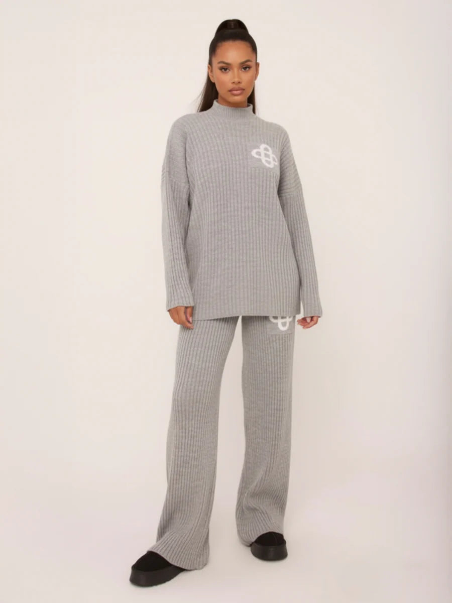 Grey Ribbed Knitted Loungewear Set