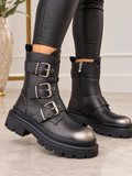 Gunmetal Grey Chunky Triple Buckle Biker Boots
