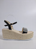 Black Patent Diamante Espadrille Wedge Sandals