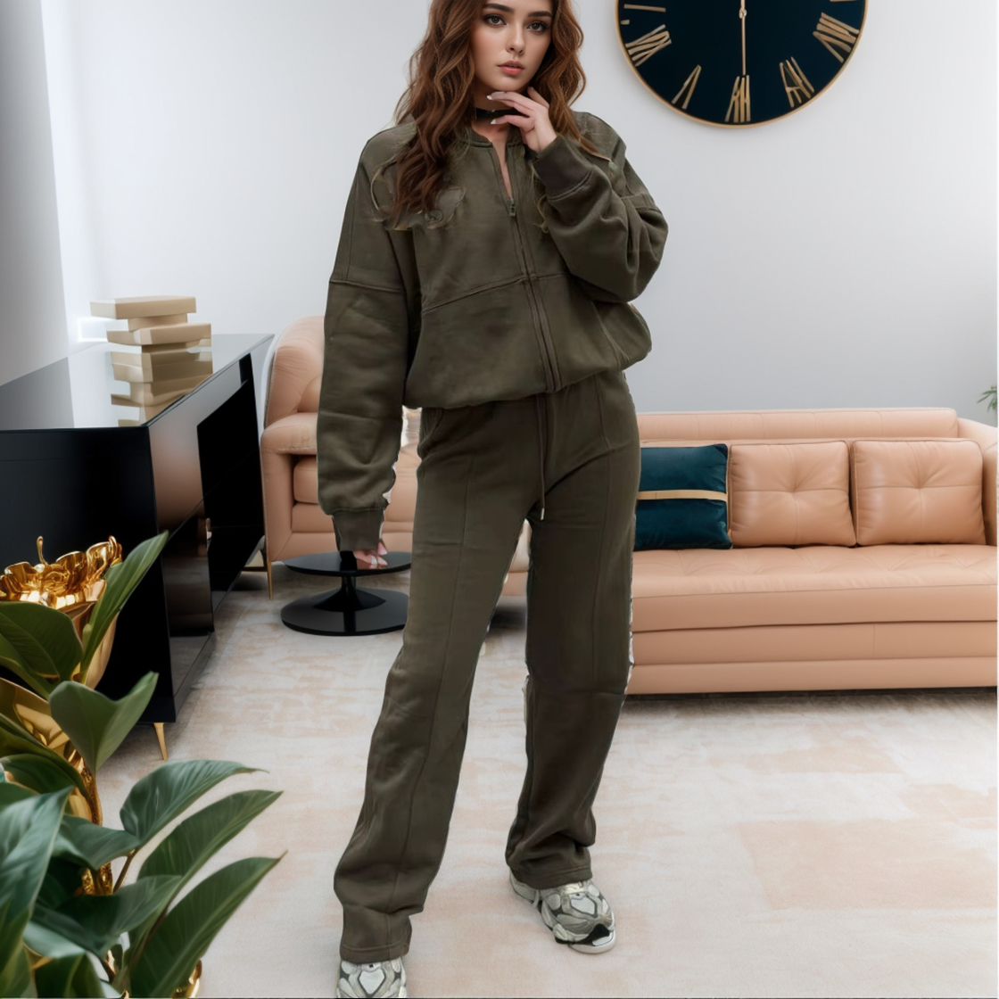 Khaki Bomber Style Jacket & Wide Leg Bottoms Co-ord Loungewear Set