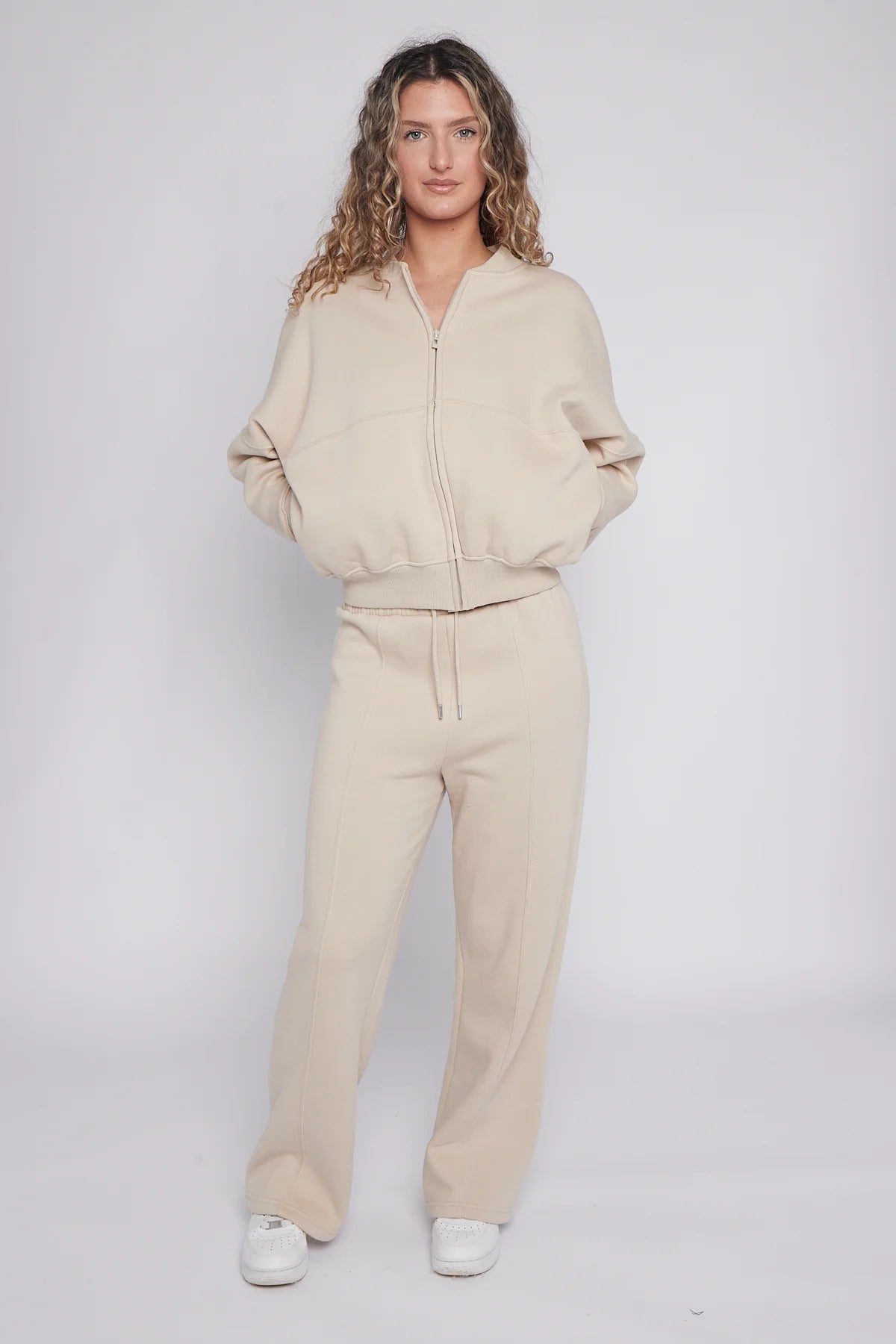 Light Beige Bomber Style Jacket & Wide Leg Bottoms Co-ord Loungewear Set