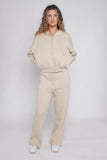 Light Beige Bomber Style Jacket & Wide Leg Bottoms Co-ord Loungewear Set