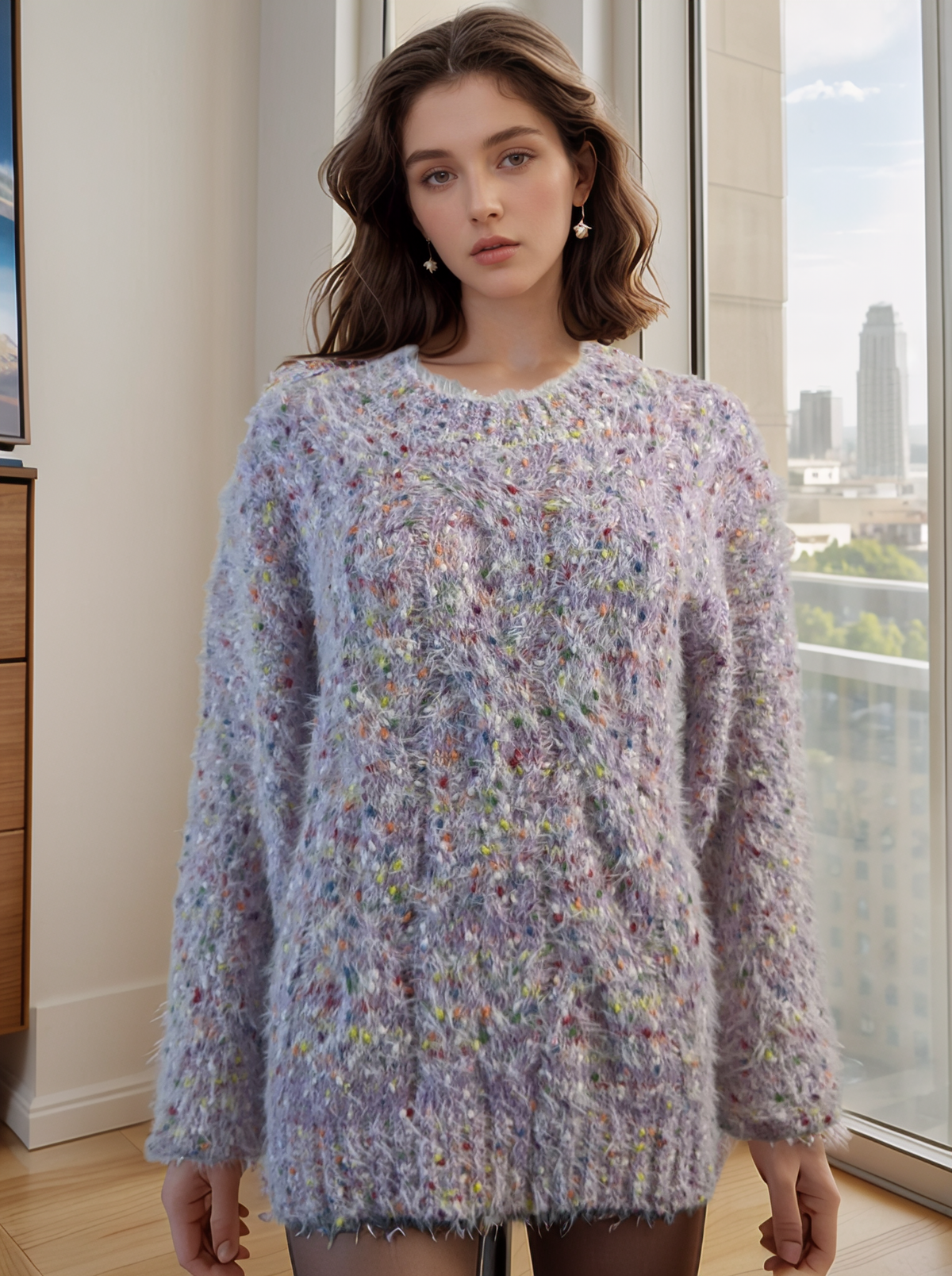 Lilac Colourful Popcorn Style Warm Crew Neck Jumper