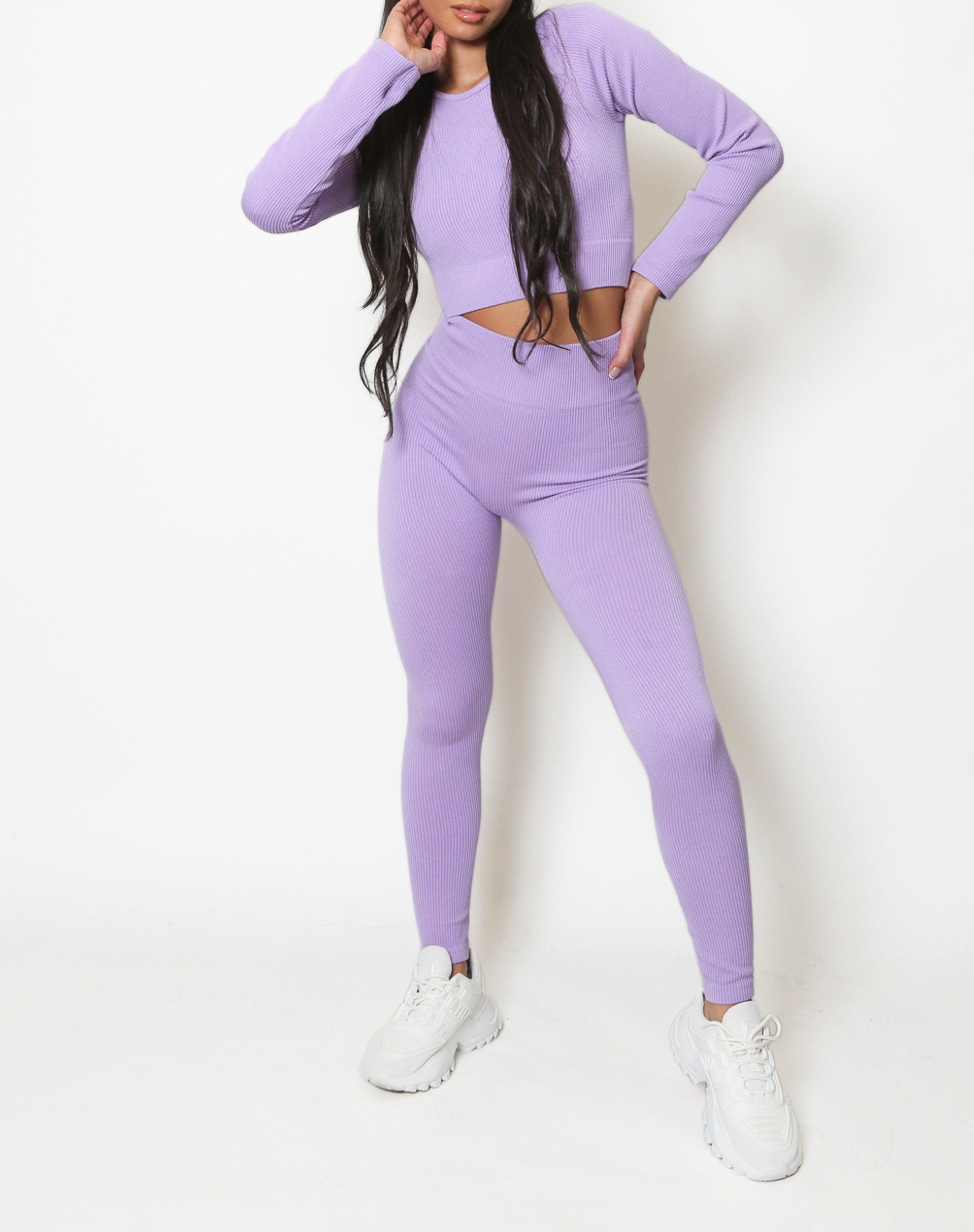 Lilac Purple Ribbed Top and High Waisted Leggings Seamless Activewear Set