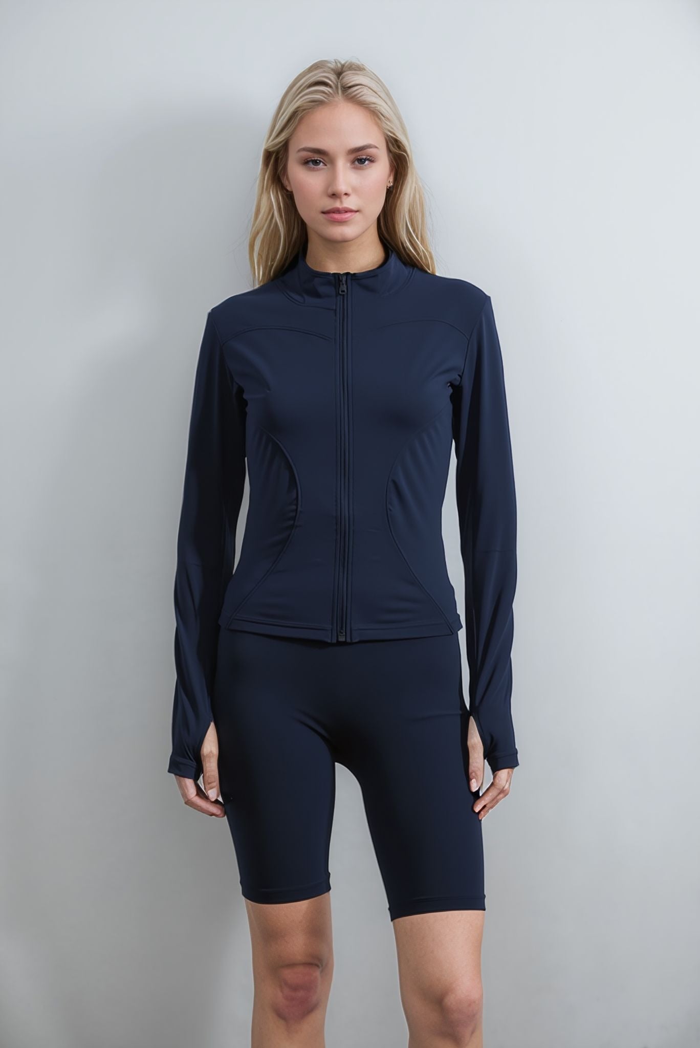 Navy Zip Up Jacket & Shorts Contour Sculpt Gym Set