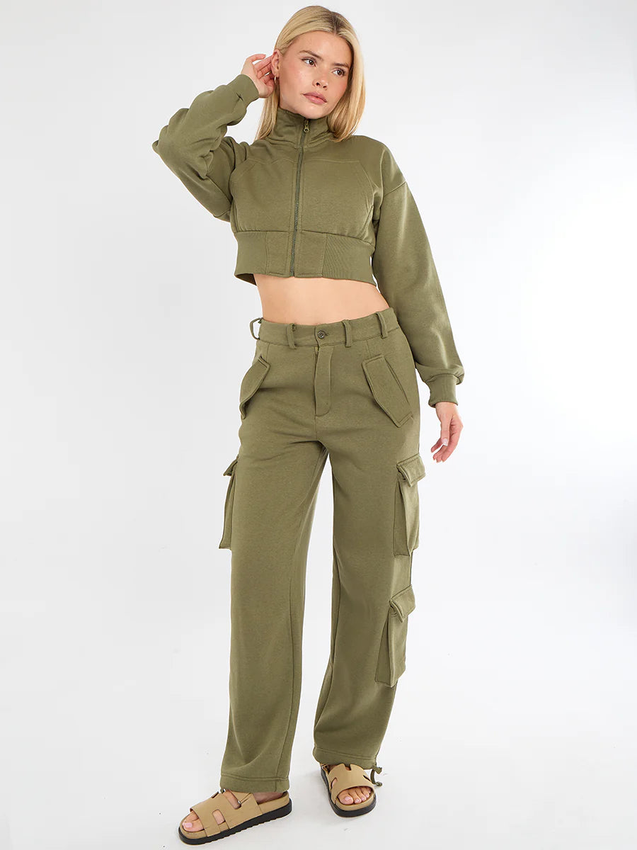 Olive Green Cropped Jacket & Cargo Pants Set