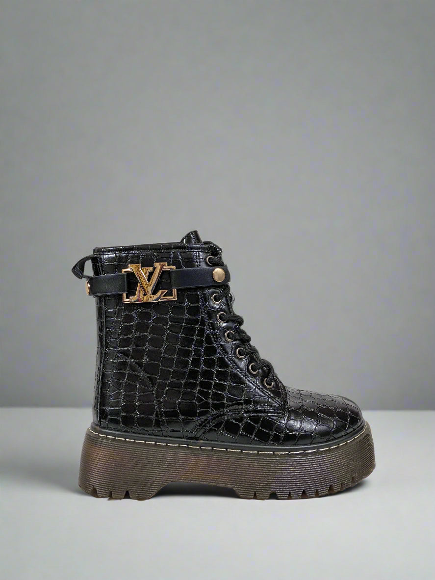 Black Croc Detail Platform Biker Boots with Strap Detail