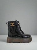 Black Croc Detail Platform Biker Boots with Strap Detail
