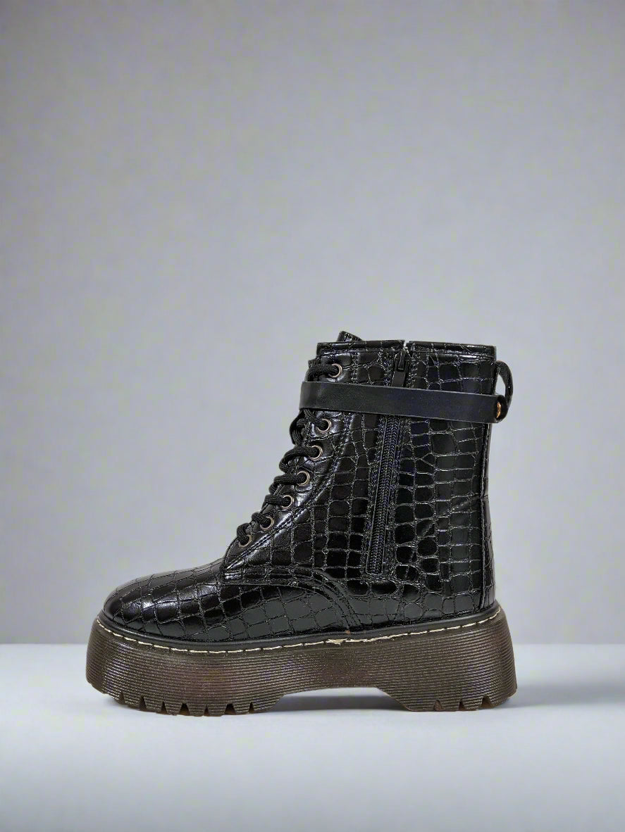 Black Croc Detail Platform Biker Boots with Strap Detail