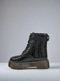 Black Croc Detail Platform Biker Boots with Strap Detail
