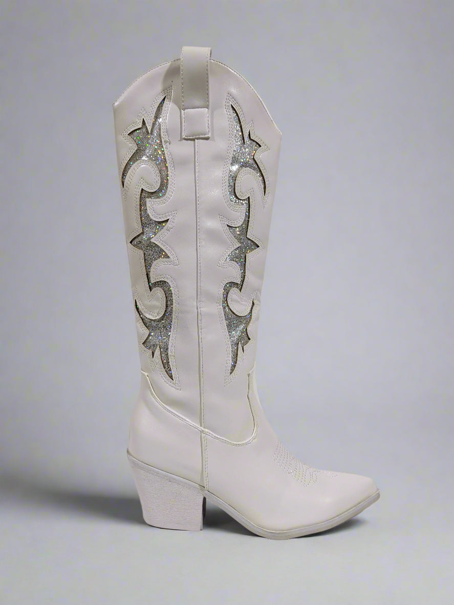 White Western Glitter Design Cowboy Boots