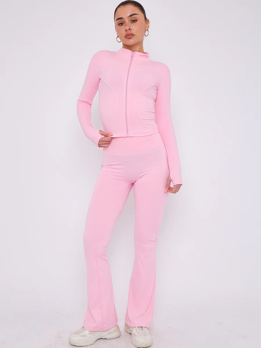 Pink Buttery Soft Ruched Contour Flare Trousers and Sports Jacket Co-Ord