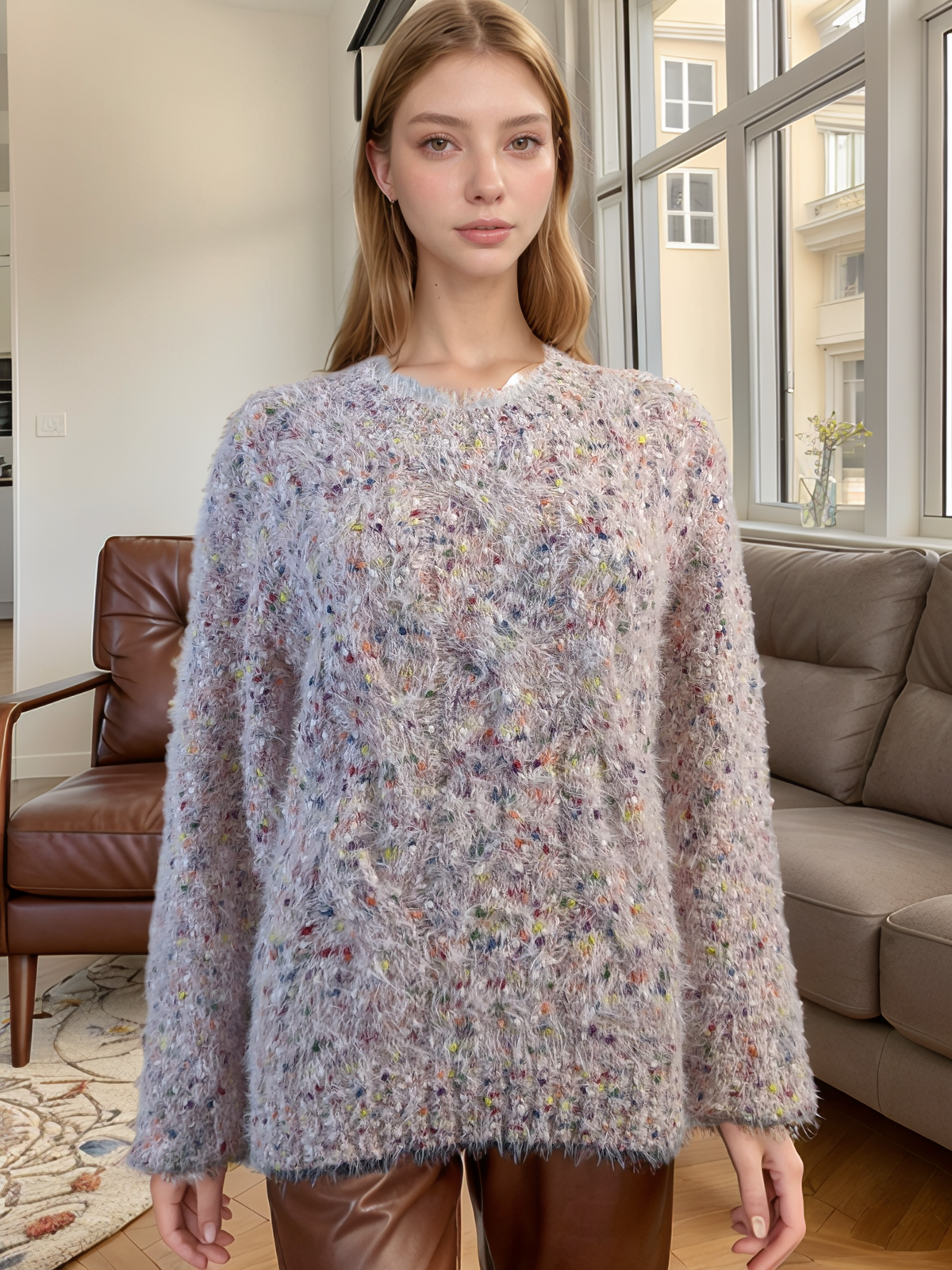 Pink Colourful Popcorn Style Warm Crew Neck Jumper