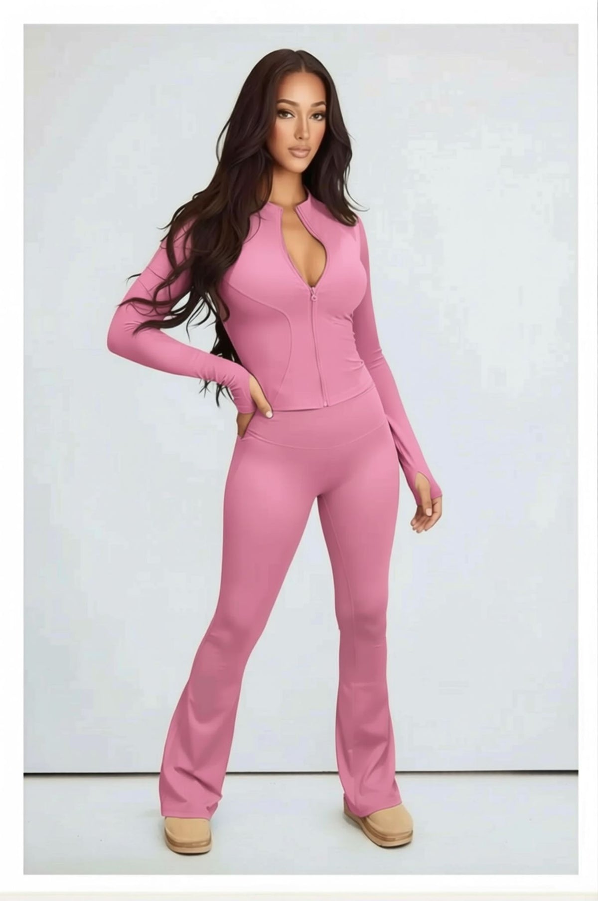 Pink Contour Sculpt Flare Trousers and Zip Sports Jacket Gym Co-Ord