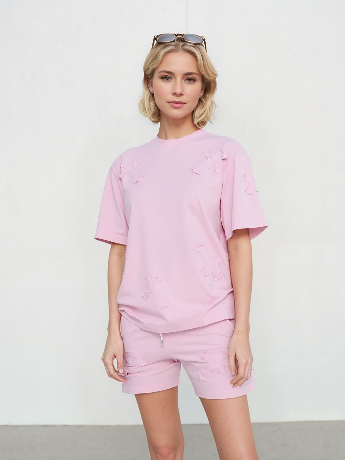 Pink Cross Embroidered T-Shirt & Shorts Co-ord