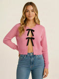 Pink Knitted Lace Up Bow Cardigan