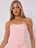 Pink Lace Back Ruched Bandeau Puffball Bodycon Dress