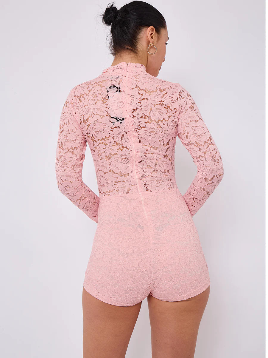 Pink Lace Detail High Neck Long Sleeves Bodycon Playsuit