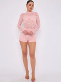 Pink Lace Detail High Neck Long Sleeves Bodycon Playsuit
