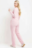 Pink Ribbed Front Button Detail Top & Wide Leg Trouser Loungewear Co-ord