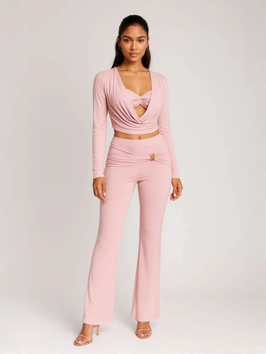 Pink Slinky Cowl Neck Crop Top & Flared Trouser Co-ord