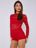 Red Lace Detail High Neck Long Sleeves Bodycon Playsuit