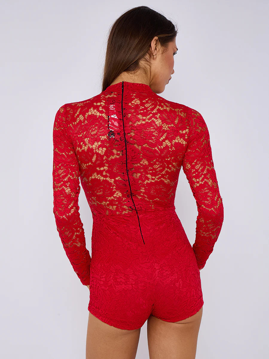 Red Lace Detail High Neck Long Sleeves Bodycon Playsuit