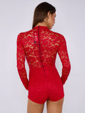 Red Lace Detail High Neck Long Sleeves Bodycon Playsuit