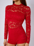Red Lace Detail High Neck Long Sleeves Bodycon Playsuit
