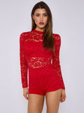 Red Lace Detail High Neck Long Sleeves Bodycon Playsuit