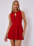 Red Pleated Tie Front A-Line Mini Dress