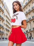 Red Shirred High Waist Puffball Bubble Rara Mini Skirt