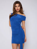 Royal Blue Ruched Detail Slinky Ruched Drape Mini Dress