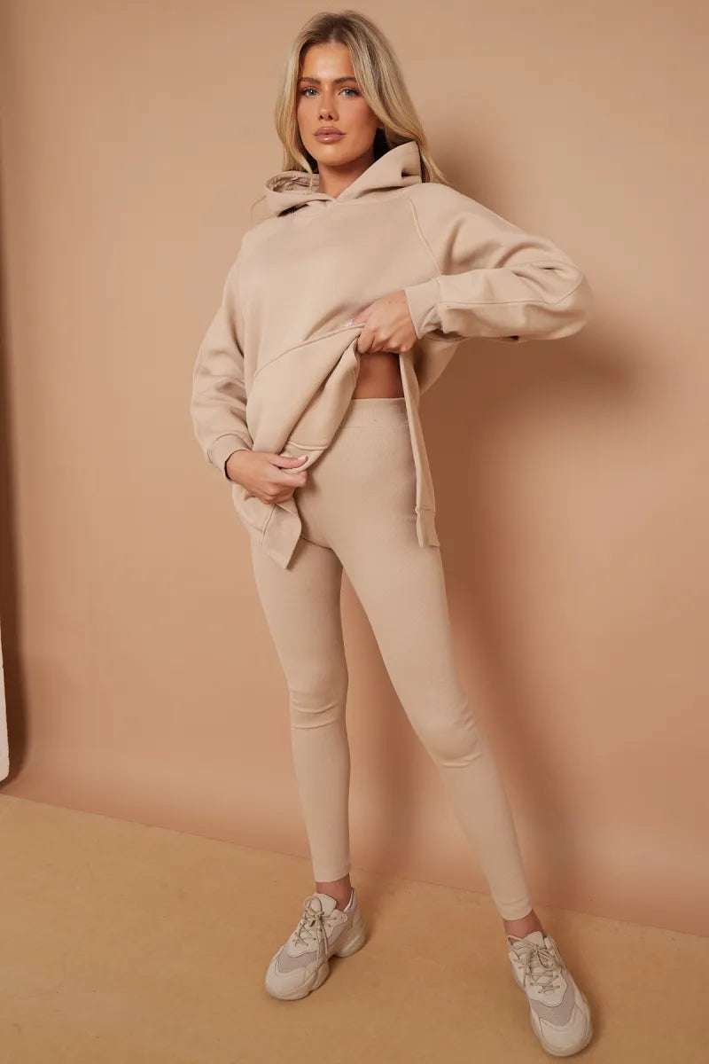 Stone Oversized Side Splits Hoodie & Ribbed Leggings Loungewear Set
