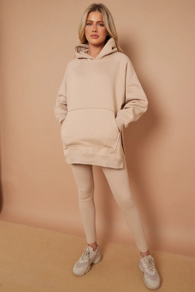 Stone Oversized Side Splits Hoodie & Ribbed Leggings Loungewear Set