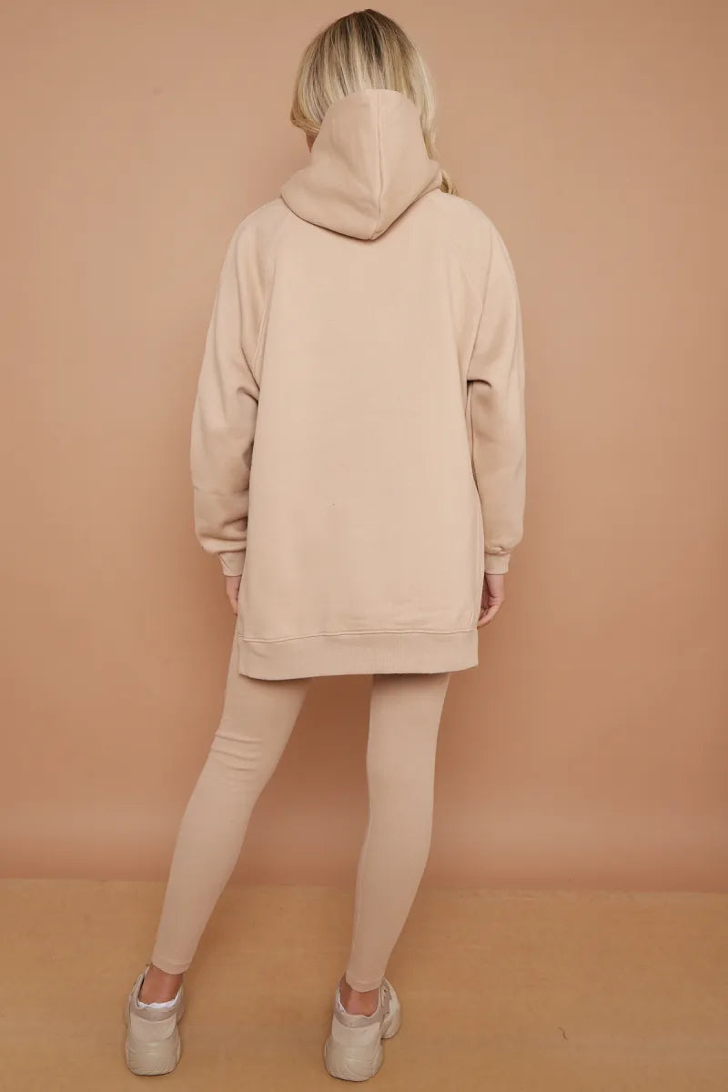 Stone Oversized Side Splits Hoodie & Ribbed Leggings Loungewear Set