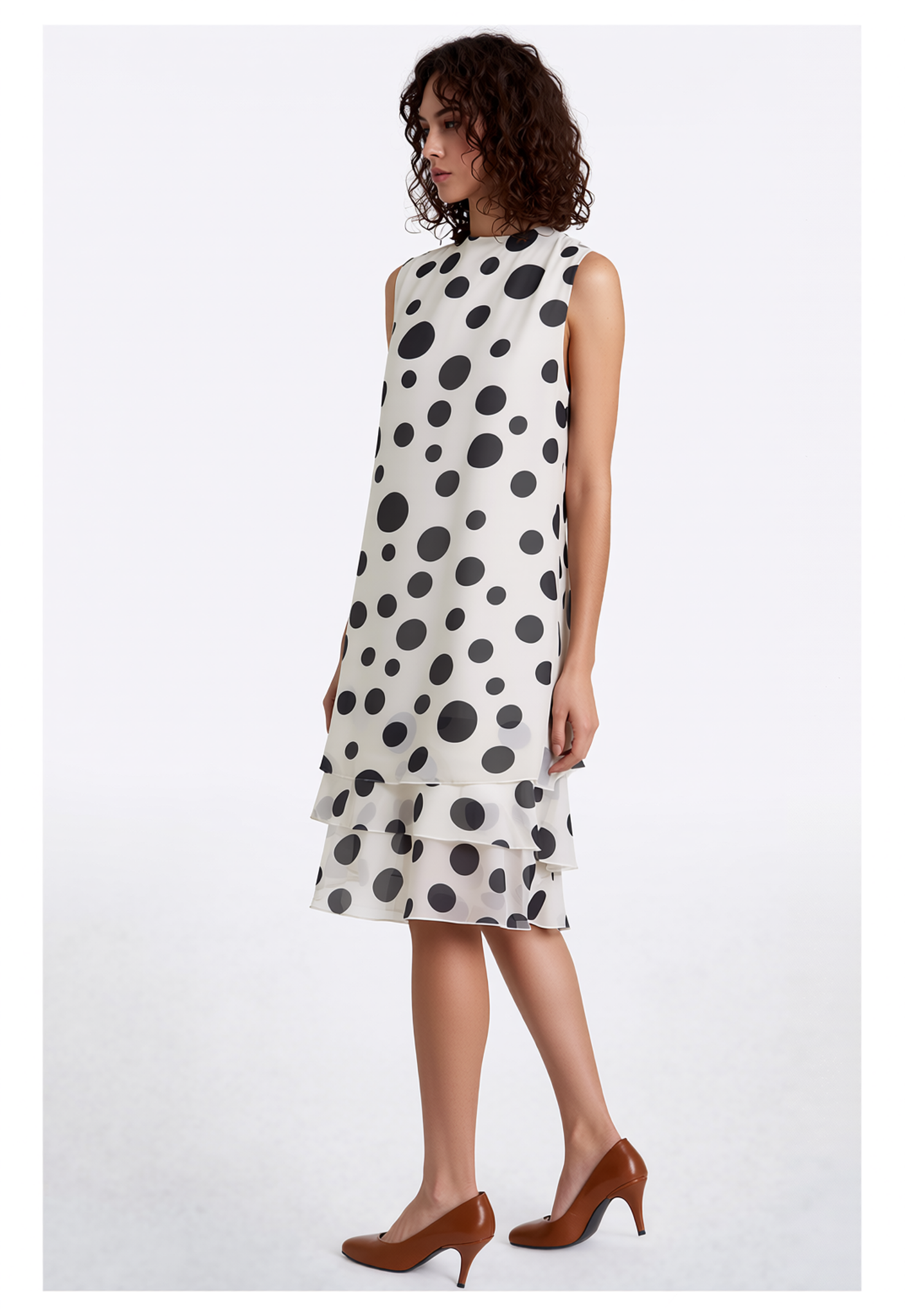 Women's Elegant Polka Dot Sleeveless Tiered Midi Dress with Tie-Neck - Flowy Chiffon Style