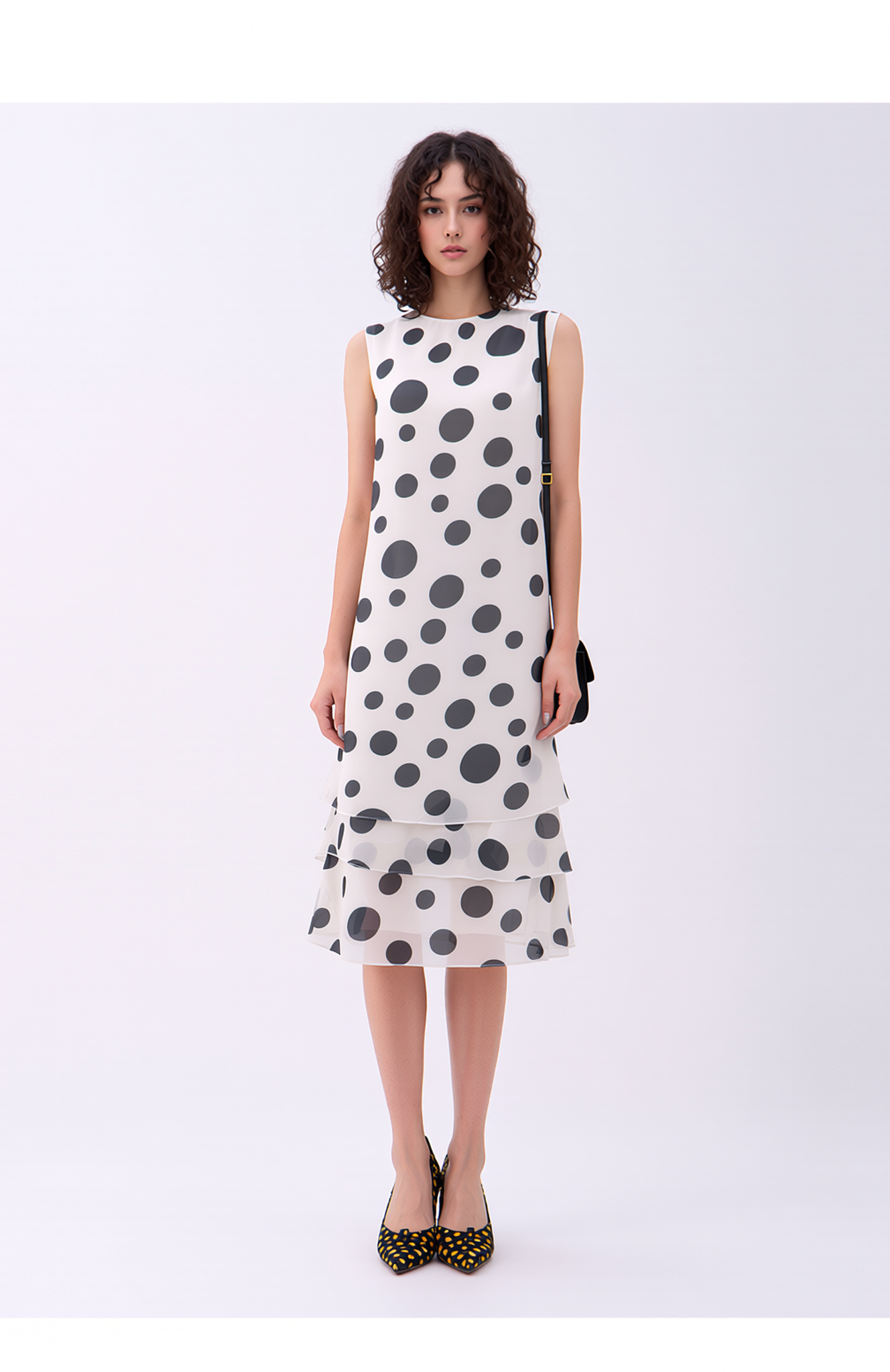 Women's Elegant Polka Dot Sleeveless Tiered Midi Dress with Tie-Neck - Flowy Chiffon Style