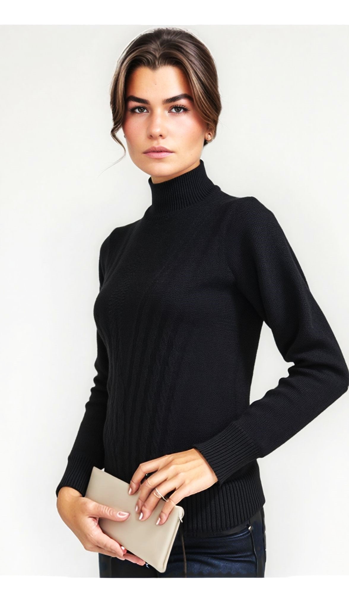 Black Women's Turtleneck Knit Sweater - Elegant & Cozy